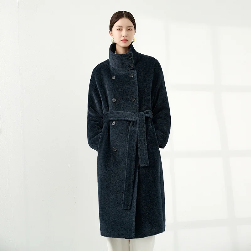 High-end 100% Alpaca Coat Women Winter Long Thickened Warm Black Coat Loose Double Breasted Stand Collar Green Coat Commuter