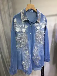 New In 2024 Autumn Sequined Diamonds Flowers Stitch Denim Shirts Woman Mid-length Single Breasted Blouses Ladies Top Blusas