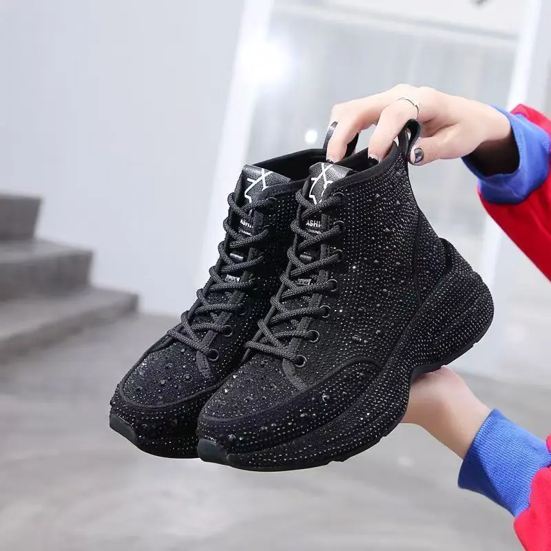 

Original Brand Luxury Rhinestone Women's Boots Spring High Top Blingbling Platform Sneakers Fashion Motorcycle Boots Dad Shoes
