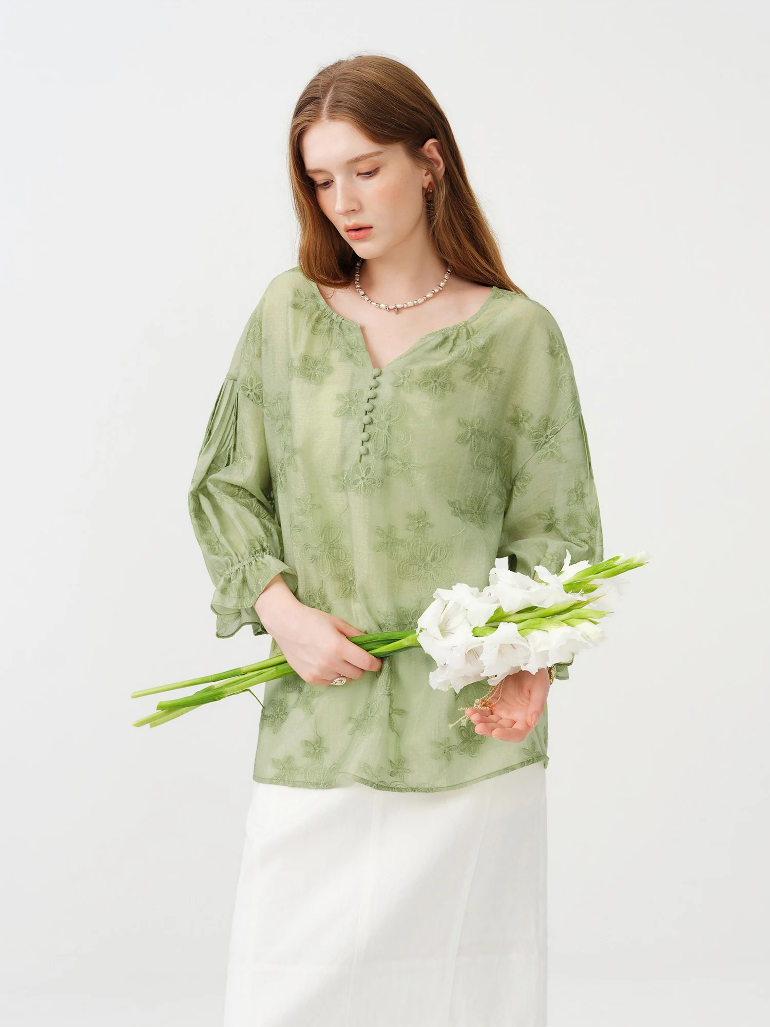 FSLE 2026 Summer Women's Relaxed Fit Tencel Blouse, Lightweight Sheer Embroidered Vacation Top for Breathable Resort Style Top - view 2