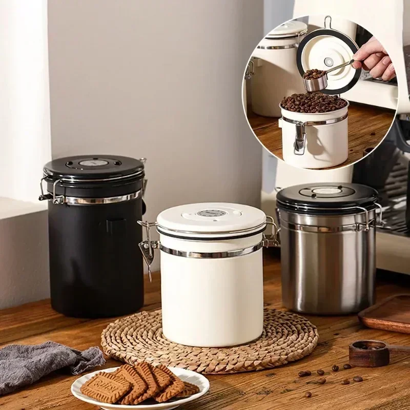 Coffee Canister, Airtight Stainless Steel Kitchen Food Storage Container with Date Tracker and Scoop for Beans, Grounds, Tea, Et