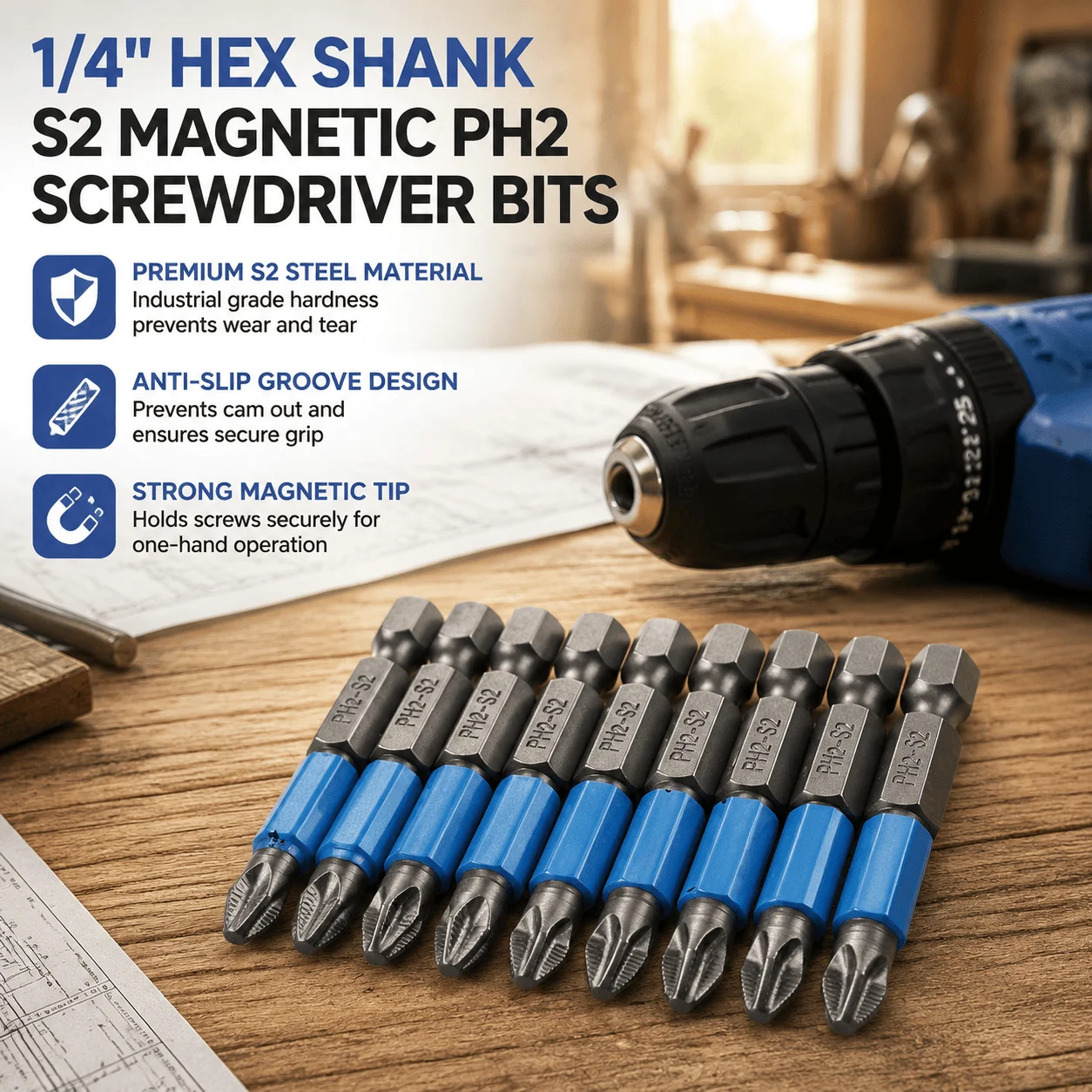 Stonego S2 Steel Screwdriver Bits 1/4 Hex Shank PH2 Magnetic Cross Head Anti Slip Electric Drill Bits For Power Tool Maintenance