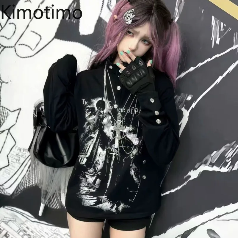 

Kimotimo Y2k Graphic Printed Black Sweatshirt Women 2026 New Casual Long Sleeve Coats Top Harajuku Gothic Streetwear Ropa Mujer