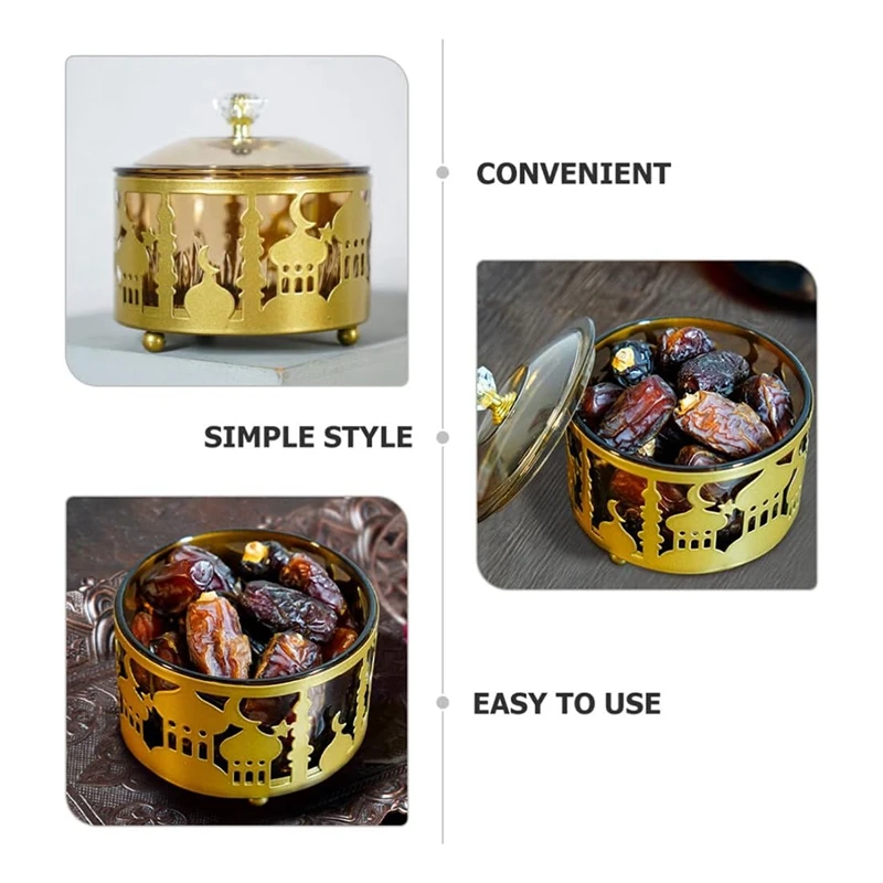 Ramadan Trays With Lid - Metal Gold Eid Mubarak Tray Ramadan Plate Candy Dish Food Storage Container Cookie Trinket Box, Durable