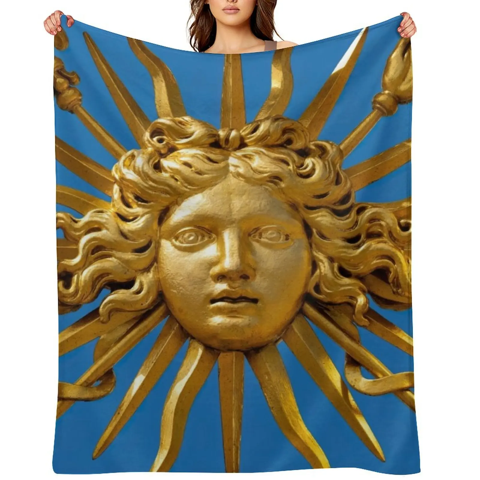 Manta con diseño del rey Luis XIV, el Rey Sol, con fondo azul, mantas finas vintage para sofá, mantas finas para pícnic