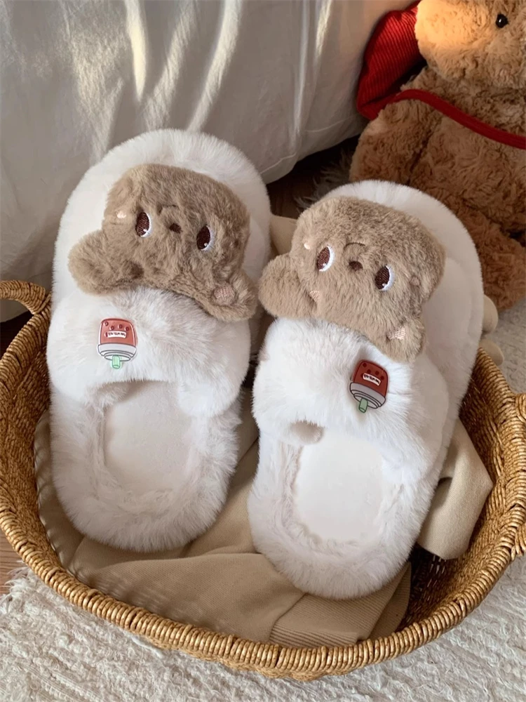 

Women Home Slippers Warm Cute Two Character Cotton Slippers Winter Three-dimensional Teddy Bear Indoor Household Slipper