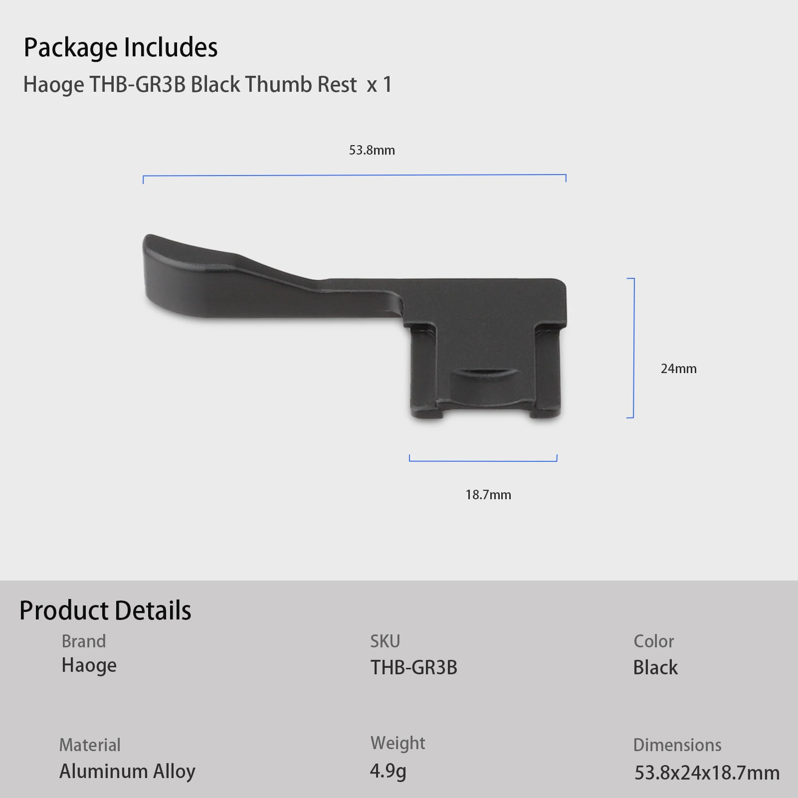 Haoge Metal Hot Shoe Thumb Up Rest Hand Grip for RICOH GRIV GR4 GRIII GR3 GRIIIX GR3X HDF Camera Accessories Black THB-GR3B