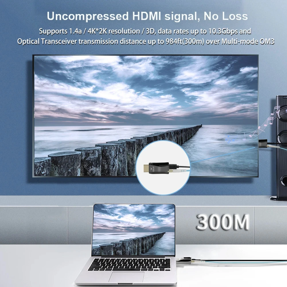 Mini 4K HDMI Fiber Extender, 4K x 2K 30Hz HDMI 1.4a penerima optik Video, hingga 300m tanpa kompresi lebih dari OM3 serat Multimode