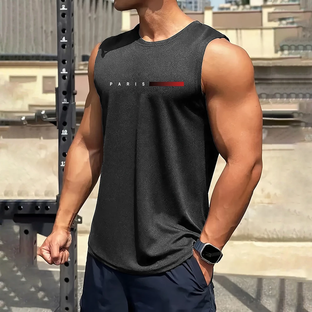 Summer Men\'s Sleeveless T-Shirt Fashion Paris Print Tank Top Casual Outdoor Gym Vest Clothing New Man O Neck Pullover Sportswear