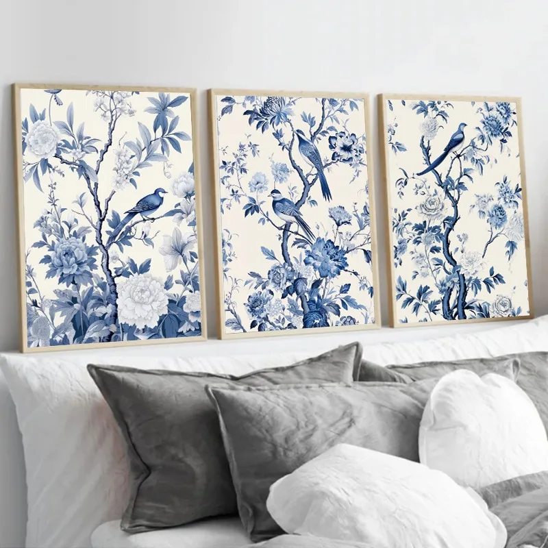 Póster antiguo Vintage de cineserie azul, pájaro en rama, impresión en lienzo de flores botánicas, imagen artística de pared para decoración del hogar y habitación