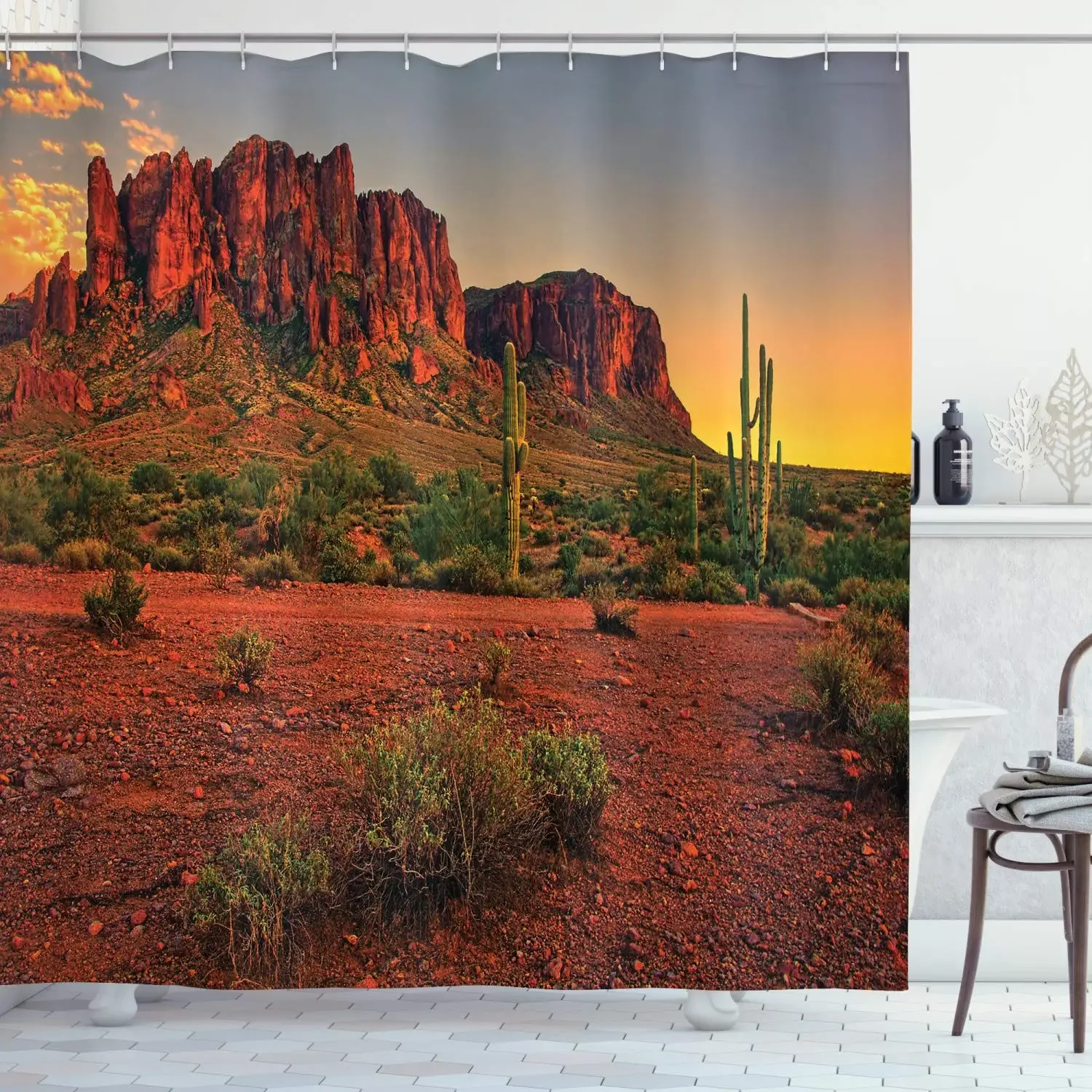 Cactus Shower Curtain,Western Nature Wild West Nature Sunset In Sonoran Desert Near Phoenix Fabric Saguaro Bathroom Curtain Sets