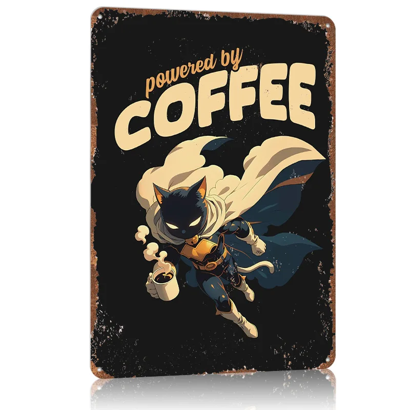 Coffee Cat Superhero Metal Poster Tin Sign Wall Art Things for Room Design Customizable Metal Signs for Home Decoration Decor