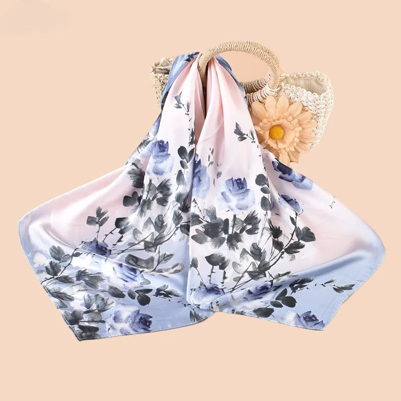 

68cm Pink Blue Flower Printed Scarf Women's Spring and Summer New Imitation Silk Scarf Fresh and Versatile Headscarf Shawl