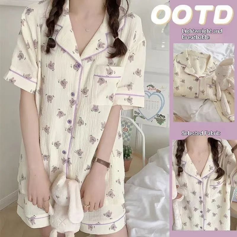 Summer New Women's Short Sleeved Home Clothes Set Cartoon Breathable Collar Short Sleeved Shorts Comfortable Thin Pajama Set - view 5