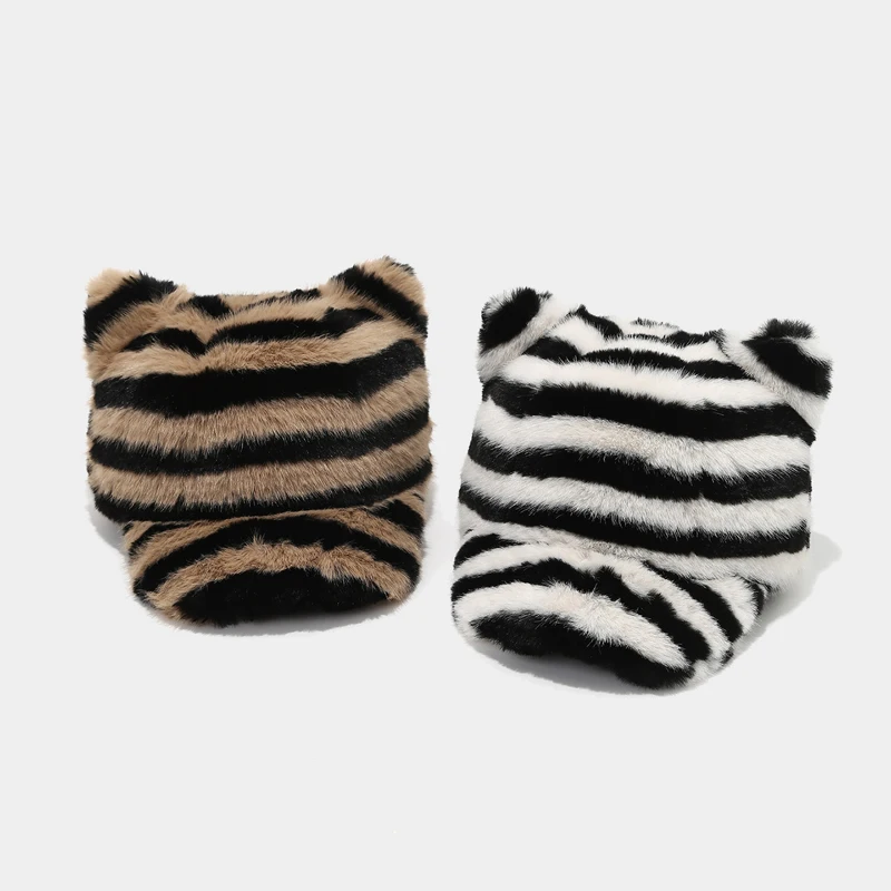 

Fashion Zebra Pattern Striped Fluffy Faux Fur Baseball Hat Outdoor for Women's Luxury Thickened Cap Men Winter Warm Snapback Hat