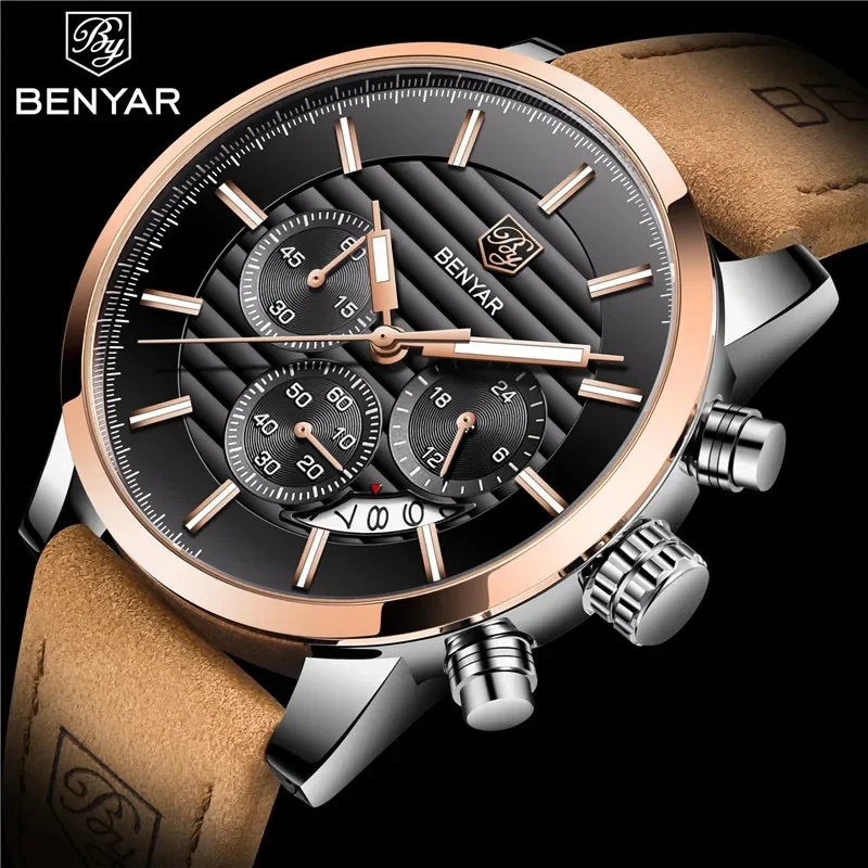 BENYAR Watches Men Top Luxury Brand Chronograph Sport Man Watch Military Leather Clock Quartz Wristwatch Relogio Masculino 5104