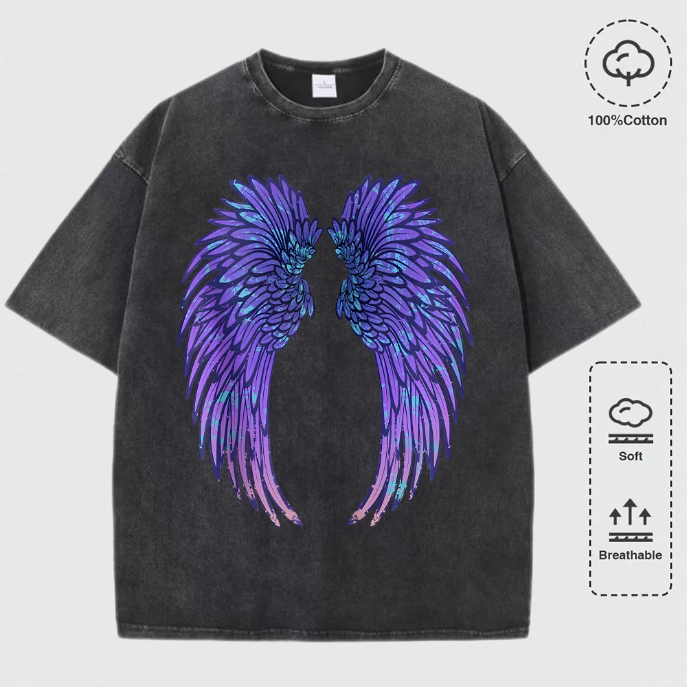 

Cool Purple Big Wings Rose Print Washed T-Shirt Men Summer Cotton T Shirts Breathable Soft Tops Trendy Loose Casual Clothing