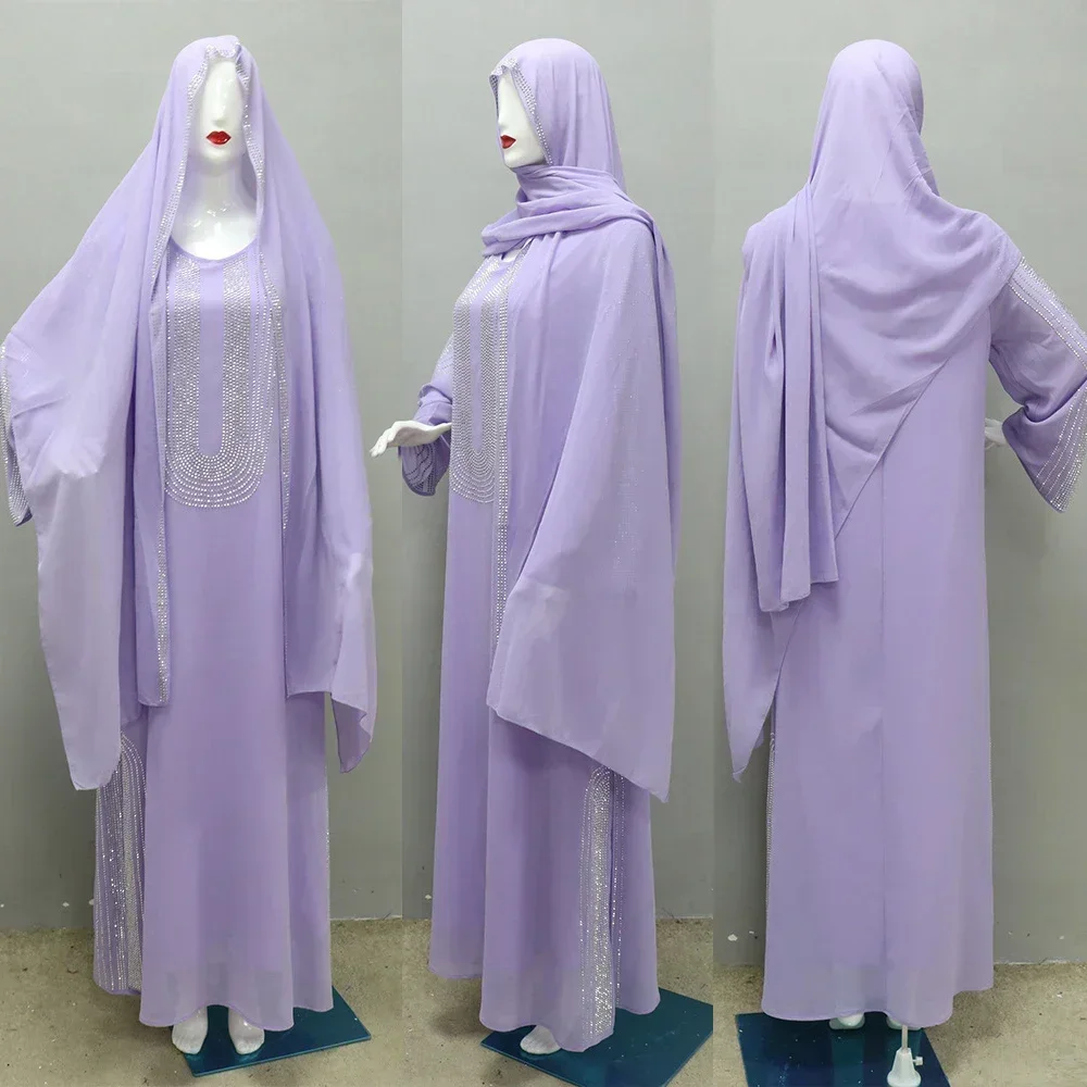 2pcs Set Chiffon Abaya Hijab Diamonds Loose Robe Dresses Muslim Gown for Women Split Hem Jalabiya Dubai Turkey Islamic Clothing