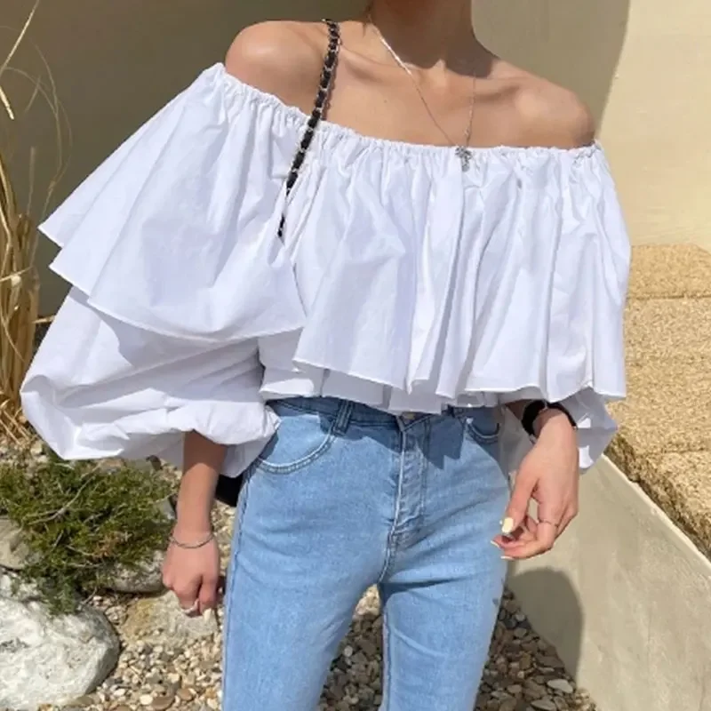 Matakawa Blusas Mujer Solid Lantern Sleeve Solid Ruffles Spring Summer Vintage Women Blouses Chic Korean Fashion Elegant Shirts