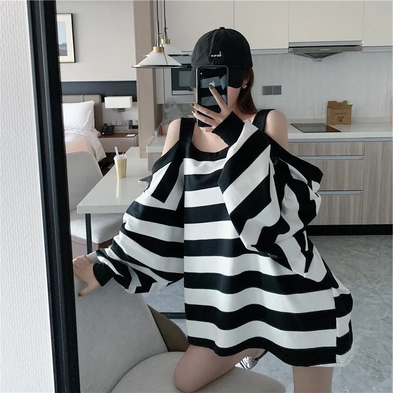 

plus Size Women's Casual Striped Long Sleeve Top Spring Autumn Loose Fit Meat Concealing Korean Style round Neck T-shirt
