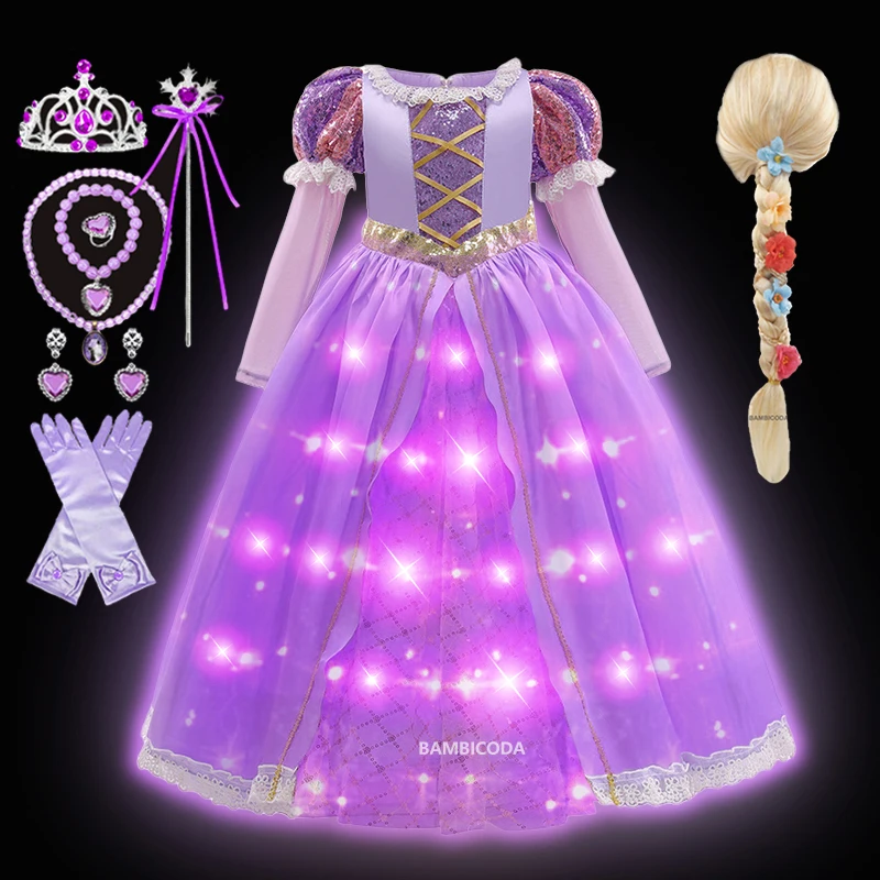 Girls Princess Rapunzel Costume LED Light Up Cosplay Party Dress Children Birthday Clothing Halloween Costume Kids' dresses