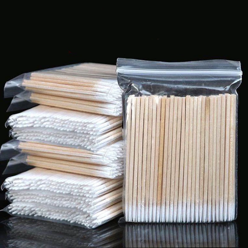 100Pcs Wood Cotton Swab Manicure Clean Sticks Buds Tip Wood Cotton Head Swab Manicure Detail Corrector Nail Polish Remover