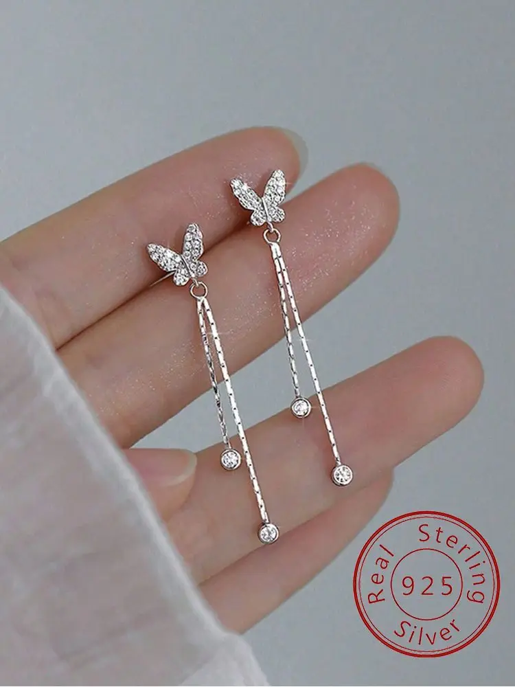 

925 Sterling Silver Fashionable Romantic Butterfly Tassels Zircon Earring For Women Anniversary Partyt High Quality Jewelry