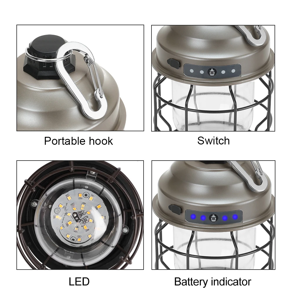 Farolillos colgantes de Metal Vintage para acampada, luz Led cálida alimentada por batería de 3600mAh, luz recargable para tienda de campaña al aire libre