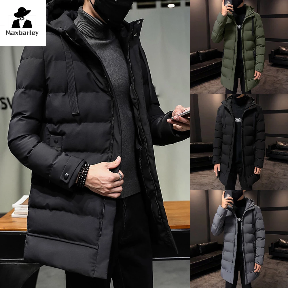 Parka monocromática com capuz masculino, jaquetas finas, com zíper, longa, grossa, quente, casual, inverno, moda