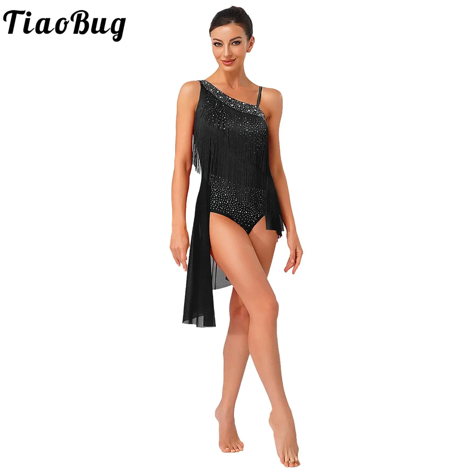 

Women Latin Tango Dance Dress Asymmetrical Shoulder Rhinestones Irregular Hem Leotards Figure Skating Lyrical Modern Dancewear