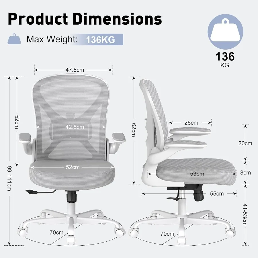 كرسي مكتب مريح مع دعم قطني قابل للتعديل كرسي مكتب منزلي شبكي مع عجلات وأذرع قابلة للطي باللون الرمادي لـ Enha