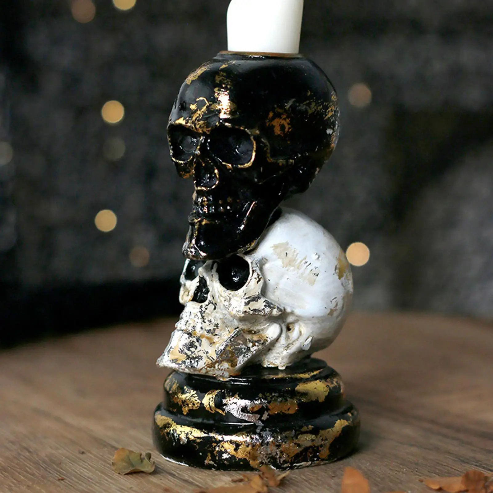 Halloween Candlestick Holders Two-Tone Resin Spooky Table Decor Skull Candlestick Halloween Decorations For Indoor Home Living
