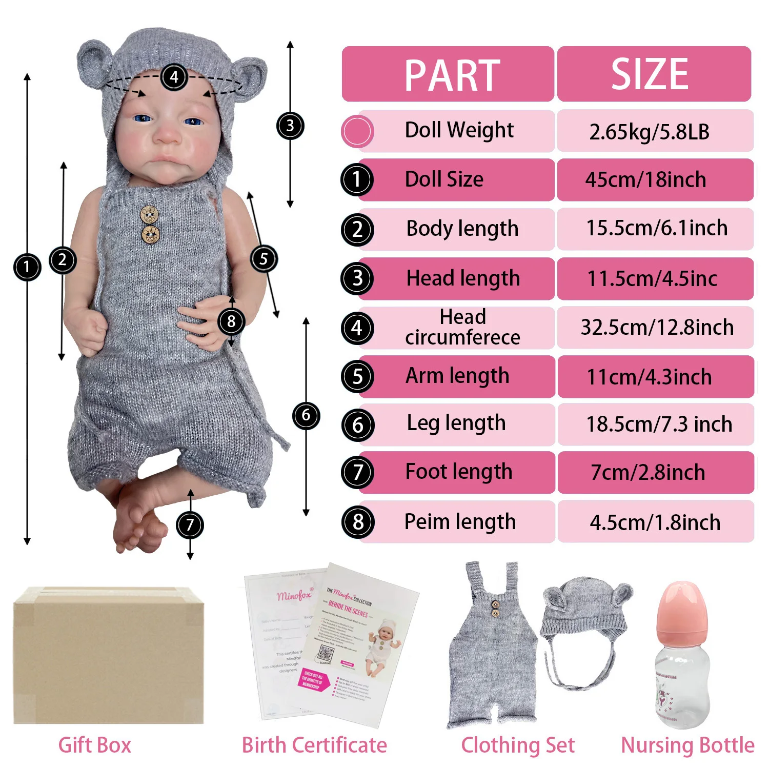 

45CM Full Body Solid Silicone Bebe Reborn Family's Gift Muñeca Corpo De Silicone Inteiro Levis Girl Whole Silicone Reborn Doll