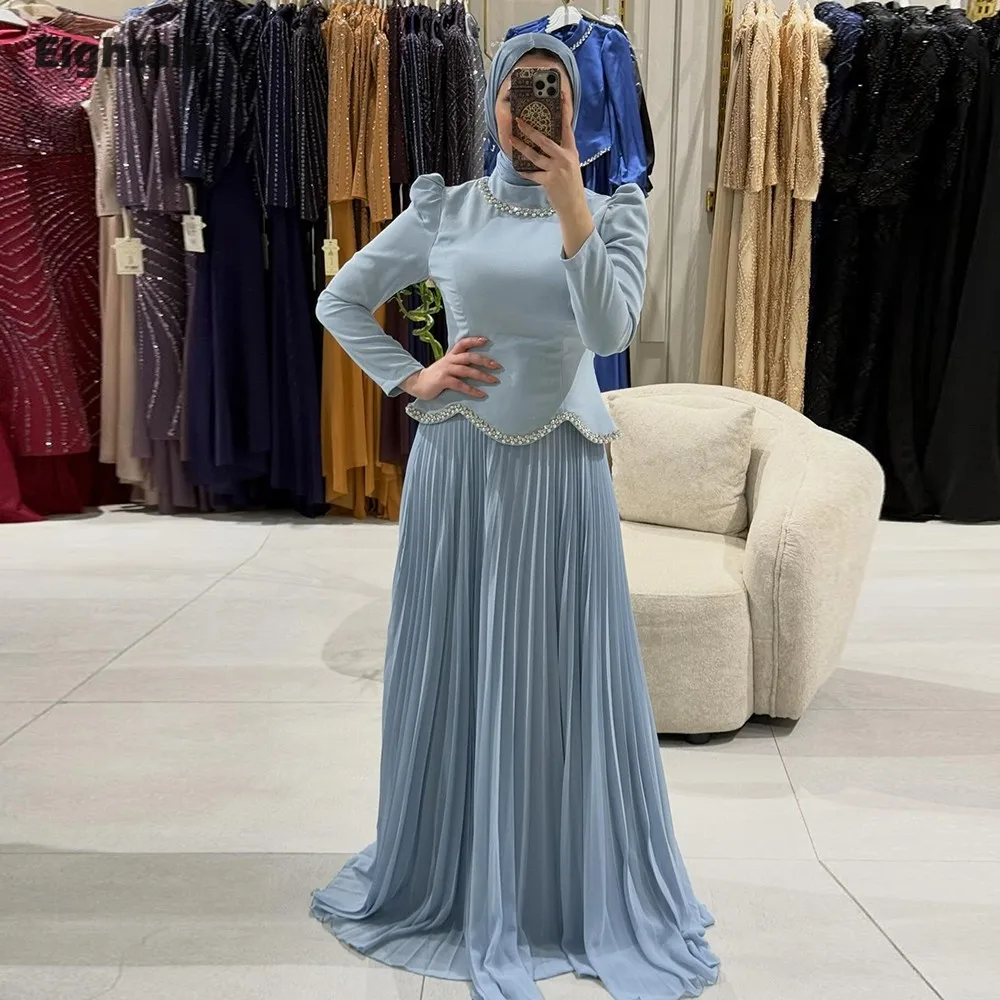 

Eightale Arabic Evening Dress Muslim Prom Gown Customized High Neck Beaded Long Sleeves RhinestonesA-Line Wedding Party Dress