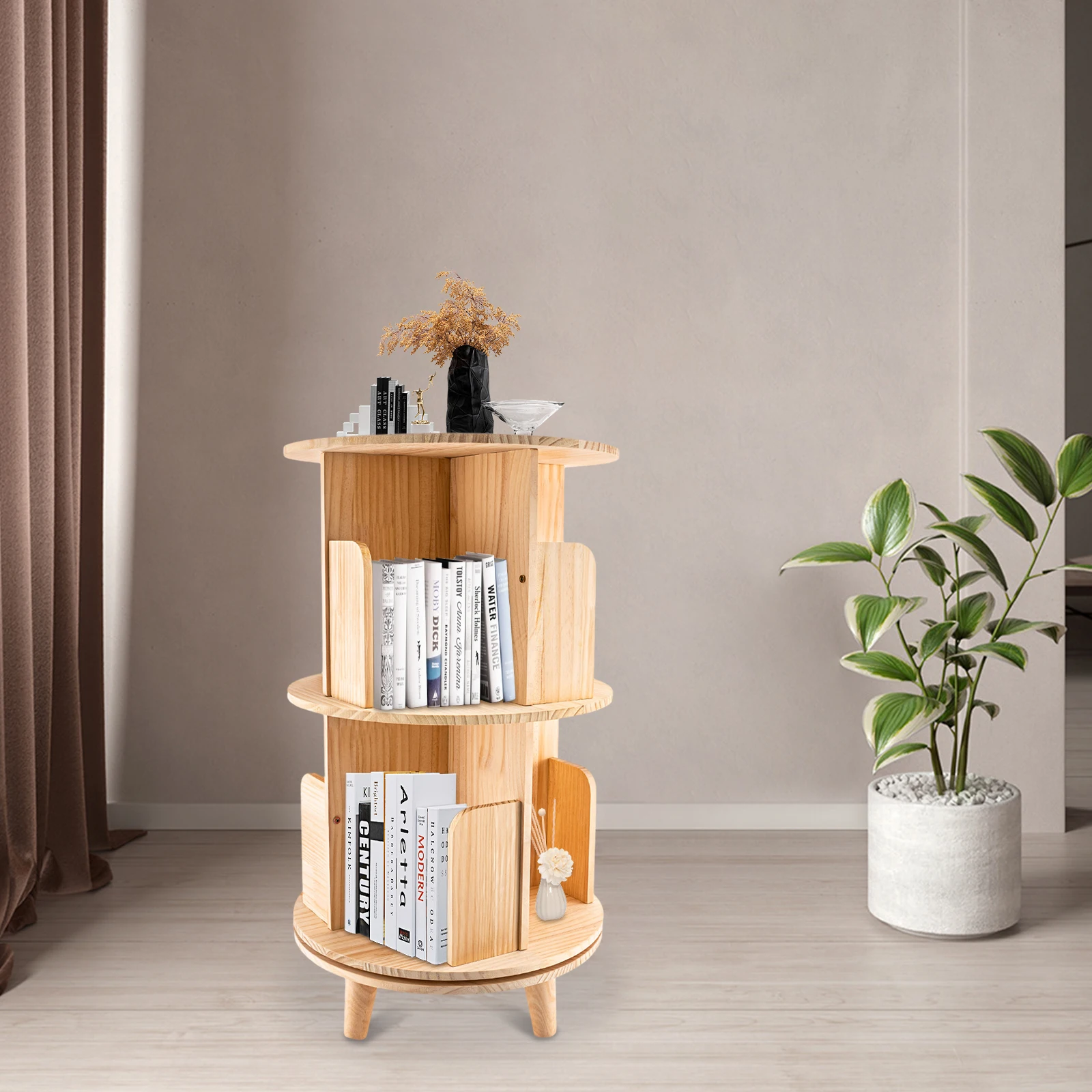 

Floor-Standing Four-Shelf Solid Wood Swivel Bookcase with Legs - Versatile Wooden Bookshelf for Home and Children's Library