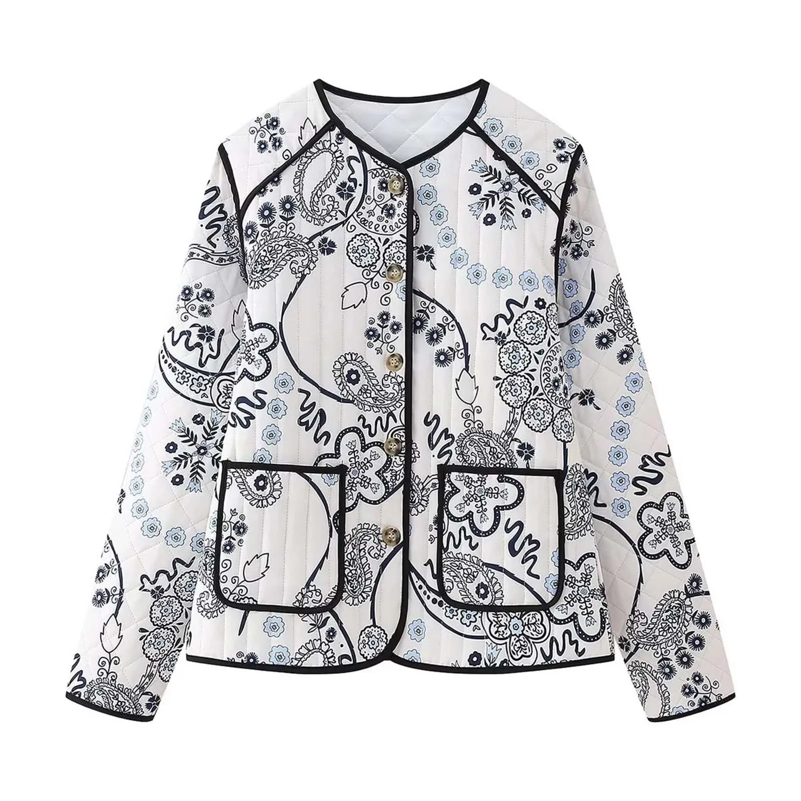 

2023 Women Floral Quilted Jackets Button O Neck Long Sleeve Jacket For Women Elegant Autumn Warm Lightweight Outerwear Chic Coat