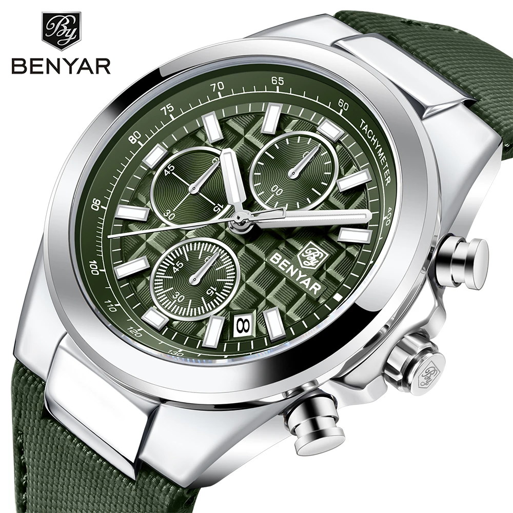 2024 New BENYAR Men\'s Watches Top Brand Luxury Watch For Men Chronograph Quartz Wristwatch Clock Waterproof Leather Reloj Hombre