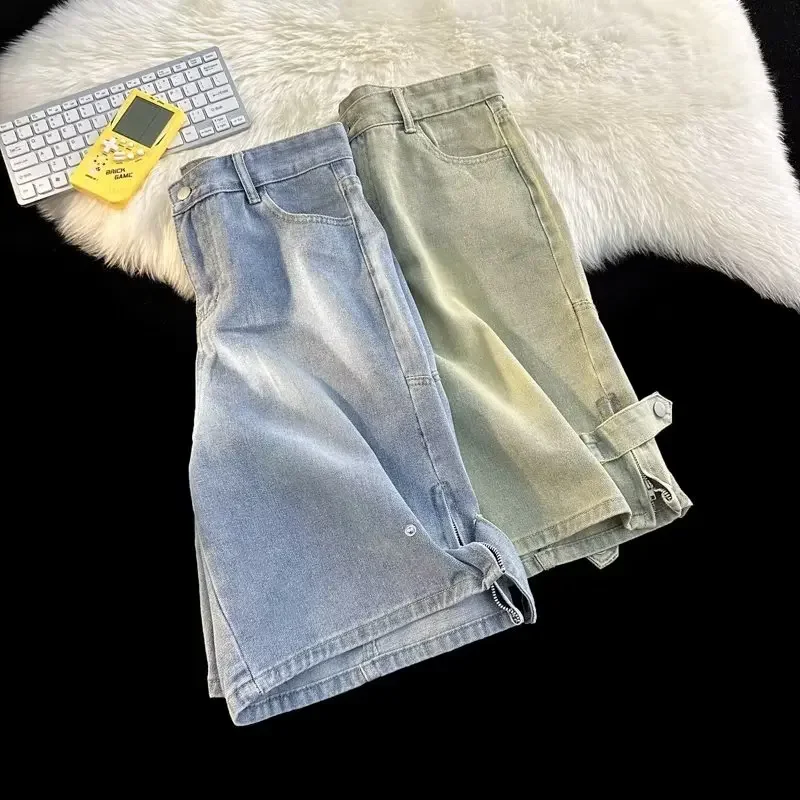 

Джинсы мужские High Street Chic летние в американском стиле для отдыха свободные до колена универсальные простые джинсовые брюки винтажные популярные новые