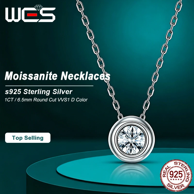 WES 1CT Moissanite Necklace 925 Sterling Silver D Color VVS1 Bezel Set Solitaire Pendant Necklace For Women Fine Jewelry Gift