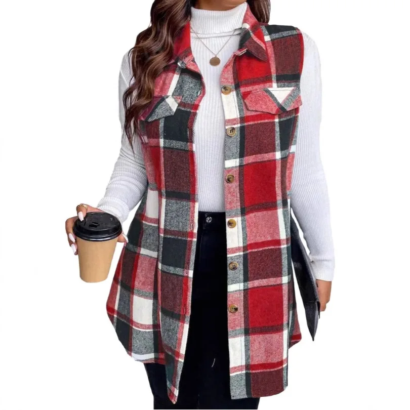 

Autumn and Winter New Women's Fashion Plaid Sleeveless Lapel Side Bag Shirt Vest Europe and America