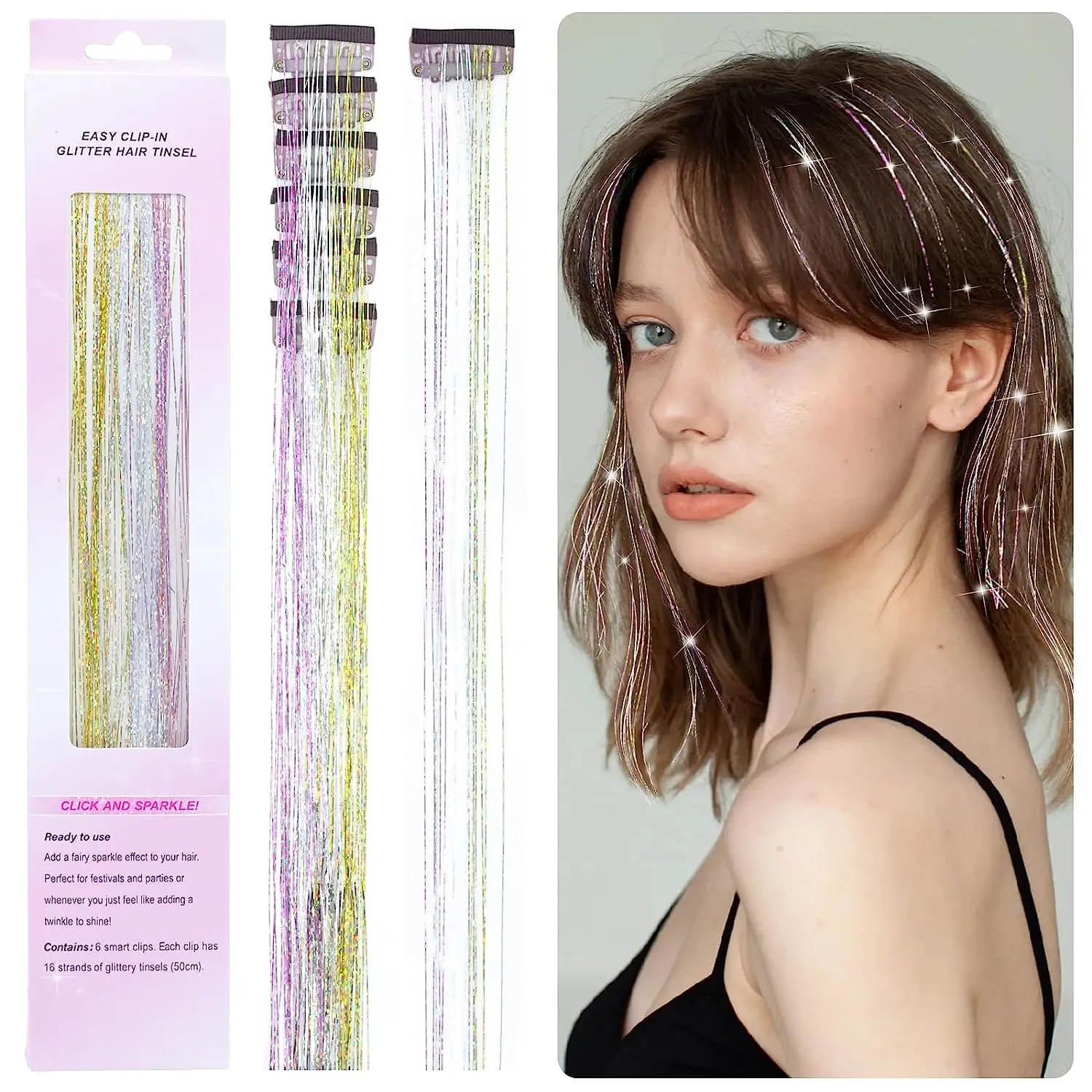 Clipe de cabelo para mulheres e meninas, resistente ao calor, kit Fairy Hair Tinsel, clipes de champanhe, acessórios para cabelo, Sparkli, 6pcs