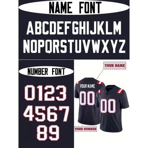 Imagen 2 del producto Camiseta de fútbol americano bordada con nombre y número personalizados para hombre, camisa de manga corta personalizada con cuello en V azul de Nueva Inglaterra