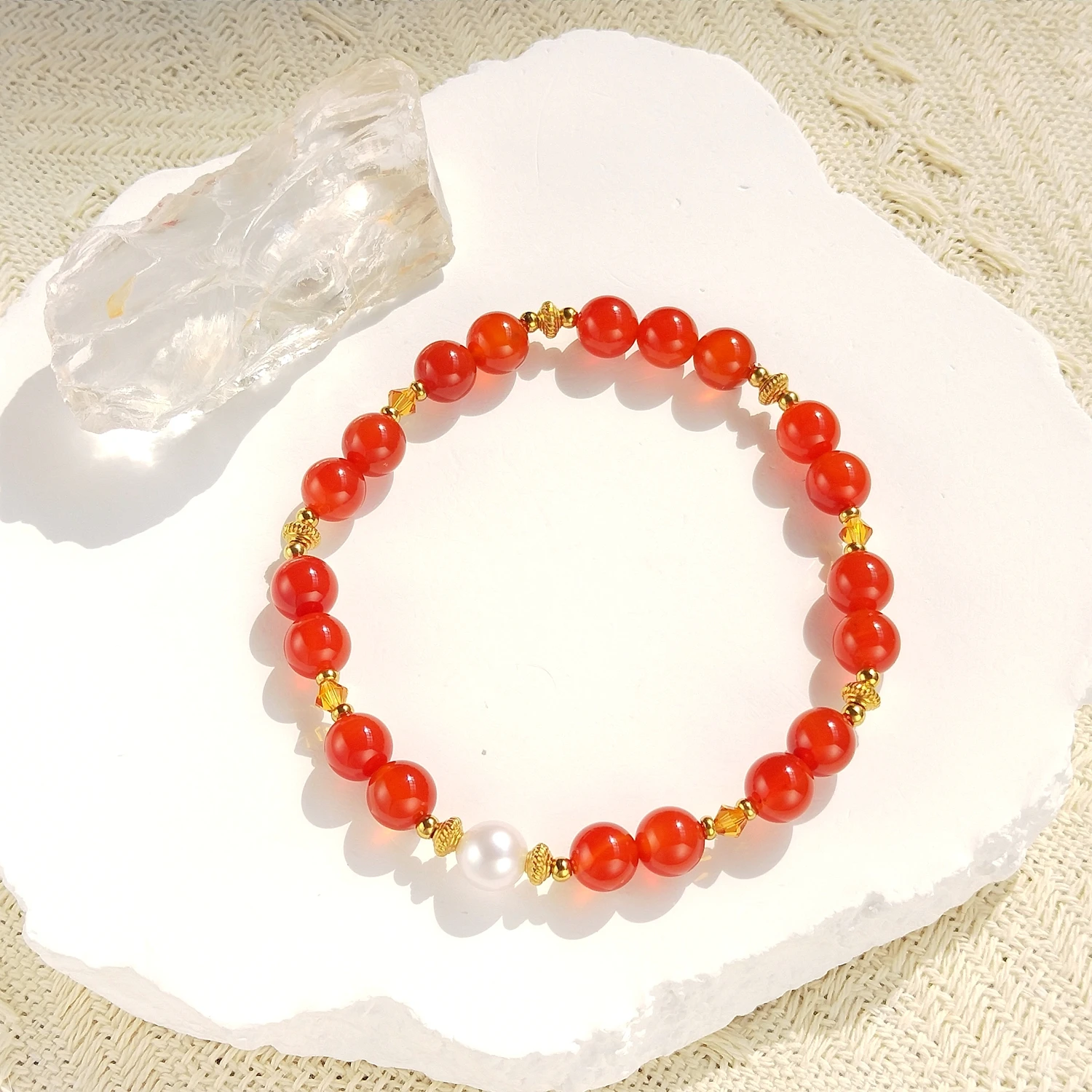 

Lii Ji Natural Stone Red Agate 8mm With Crystal Stainless Steel Elastic Bracelet 23cm