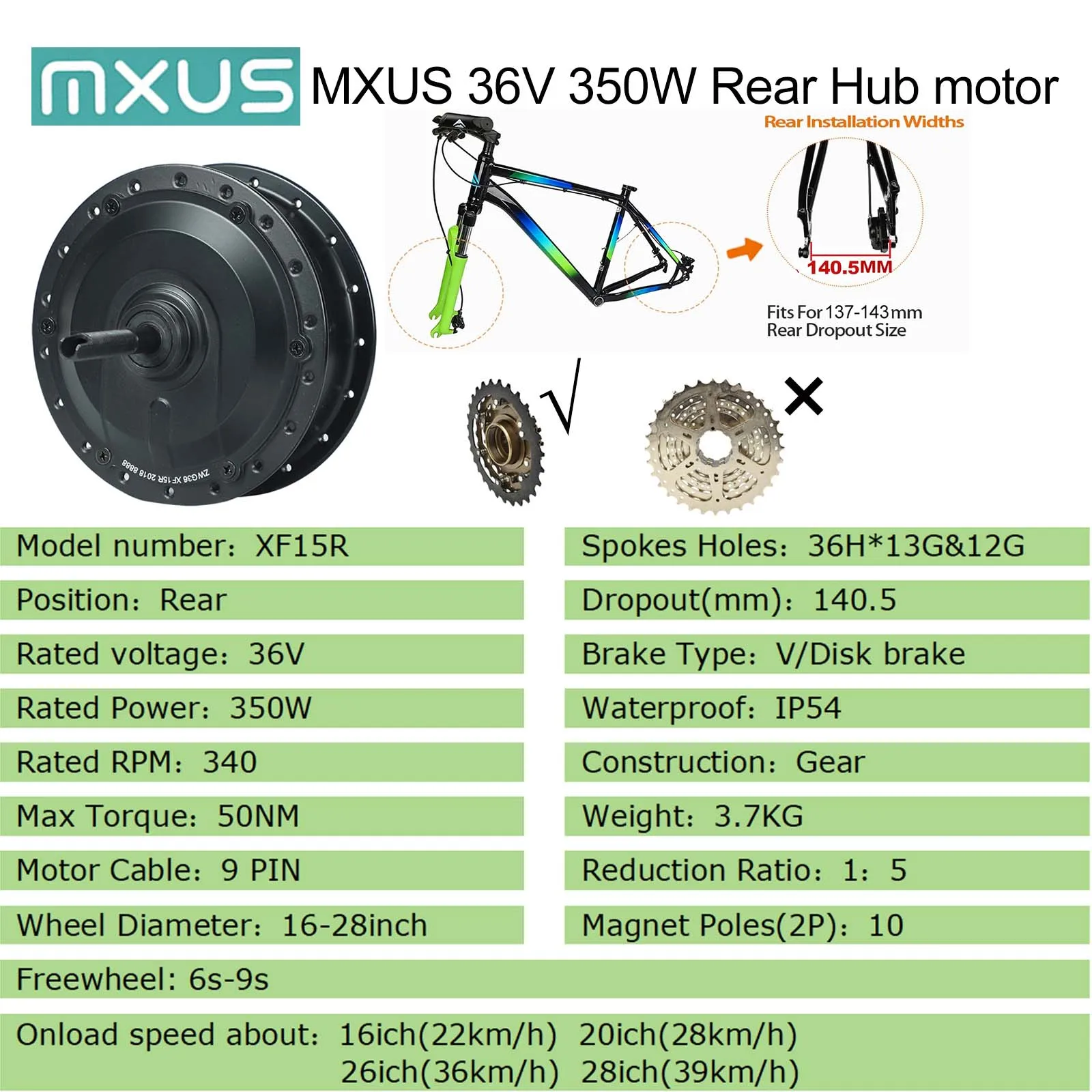Elektrische fiets E-bike Motor MXUS 36V 250W 350W 48V 500W Hoge Snelheid borstelloze Versnellingsnaaf Motor Voor Achter cassette Wielaandrijving