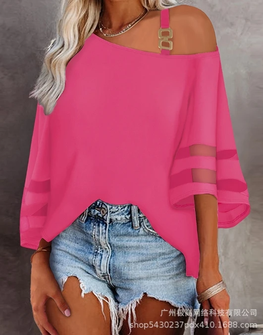 

Women's Contrast Mesh Cold Shoulder Bell Sleeve Top New Fashion 2024 Summer Female Clothing Casual Elegant Pullover T-Shirt