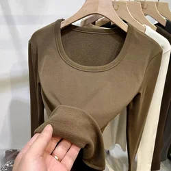 T-shirt a maniche lunghe in velluto con colletto quadrato per donna 2023 autunno inverno nuovo Pullover sottile Versatile che basa top