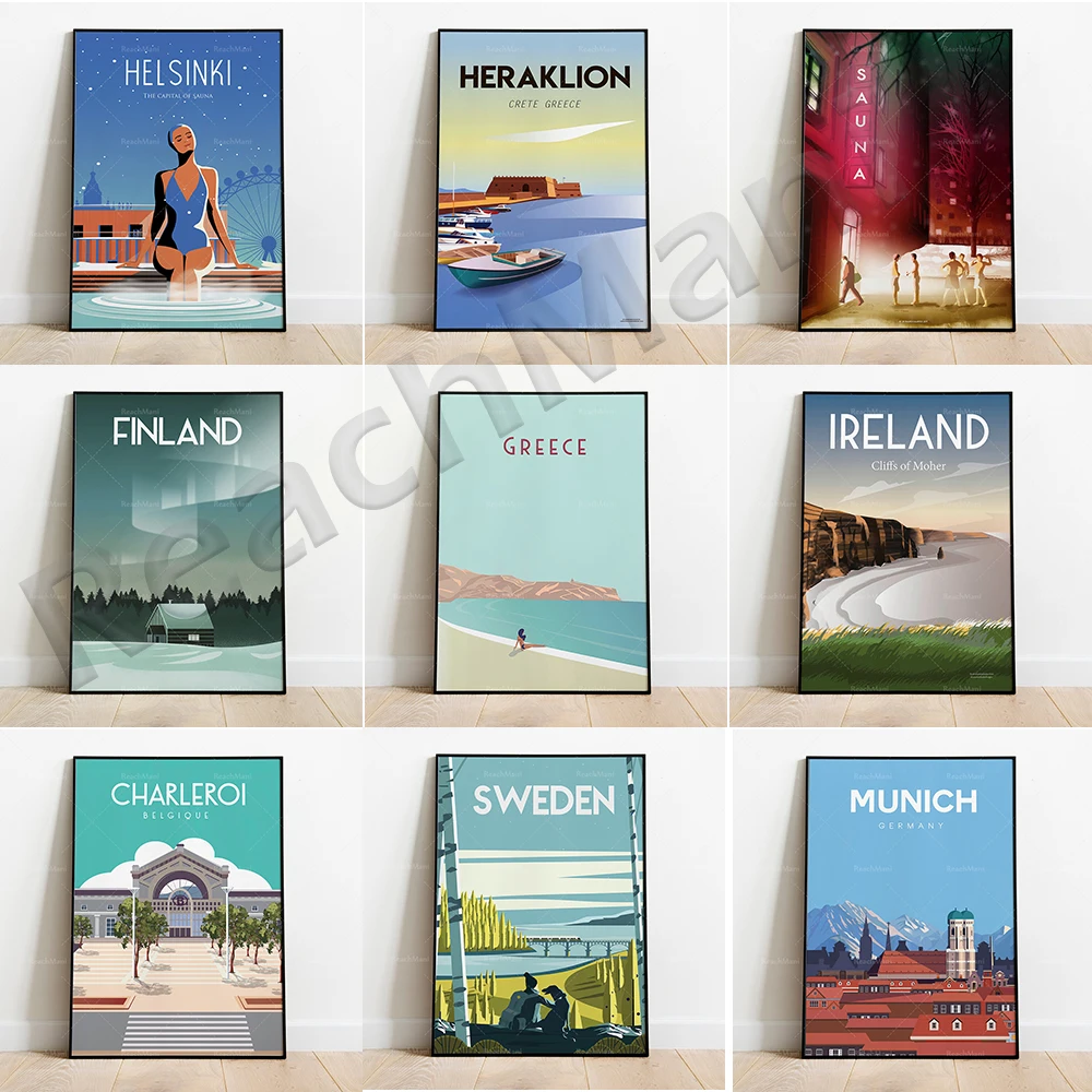 

Stockholm, Sweden, Sauna Helsing, Finland, Heraklion, Greece, Crete, Belgium, Finnish arctic, Ireland, Munich travel art poster