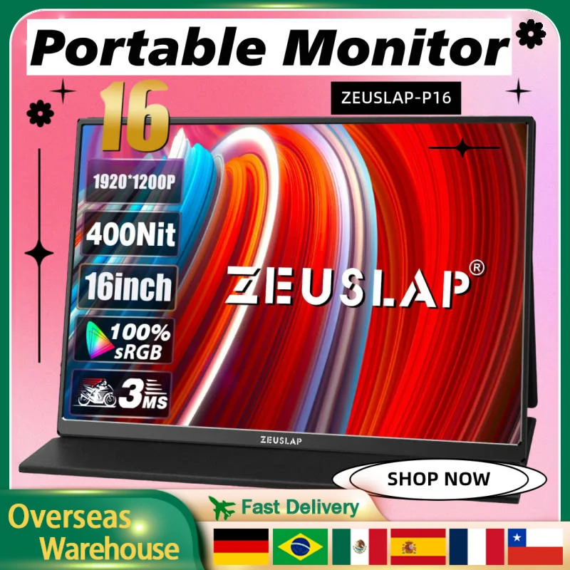 Портативный монитор ZEUSLAP 16 дюймов, 100% sRGB, 1200P, IPS-экран для Steam Deck, переключатель для ноутбука, PS4, PS5, Xbox, игровой компьютер для путешествий