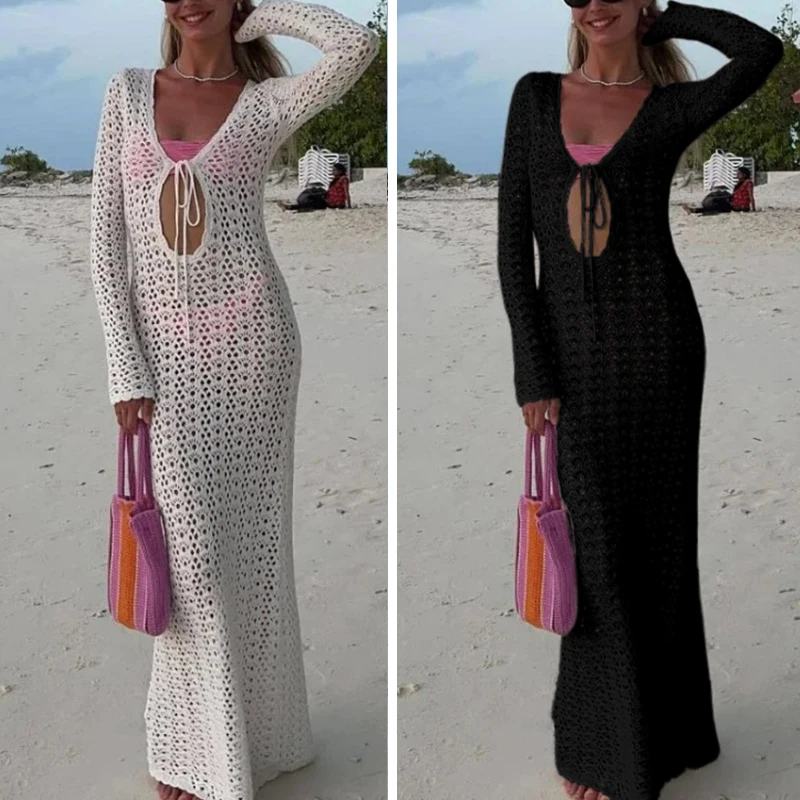 新しいスタイル中空長袖タイアップドレスニットセクシーなビーチウェアカバーアップ女性のビーチホリデー日焼け止めスモック