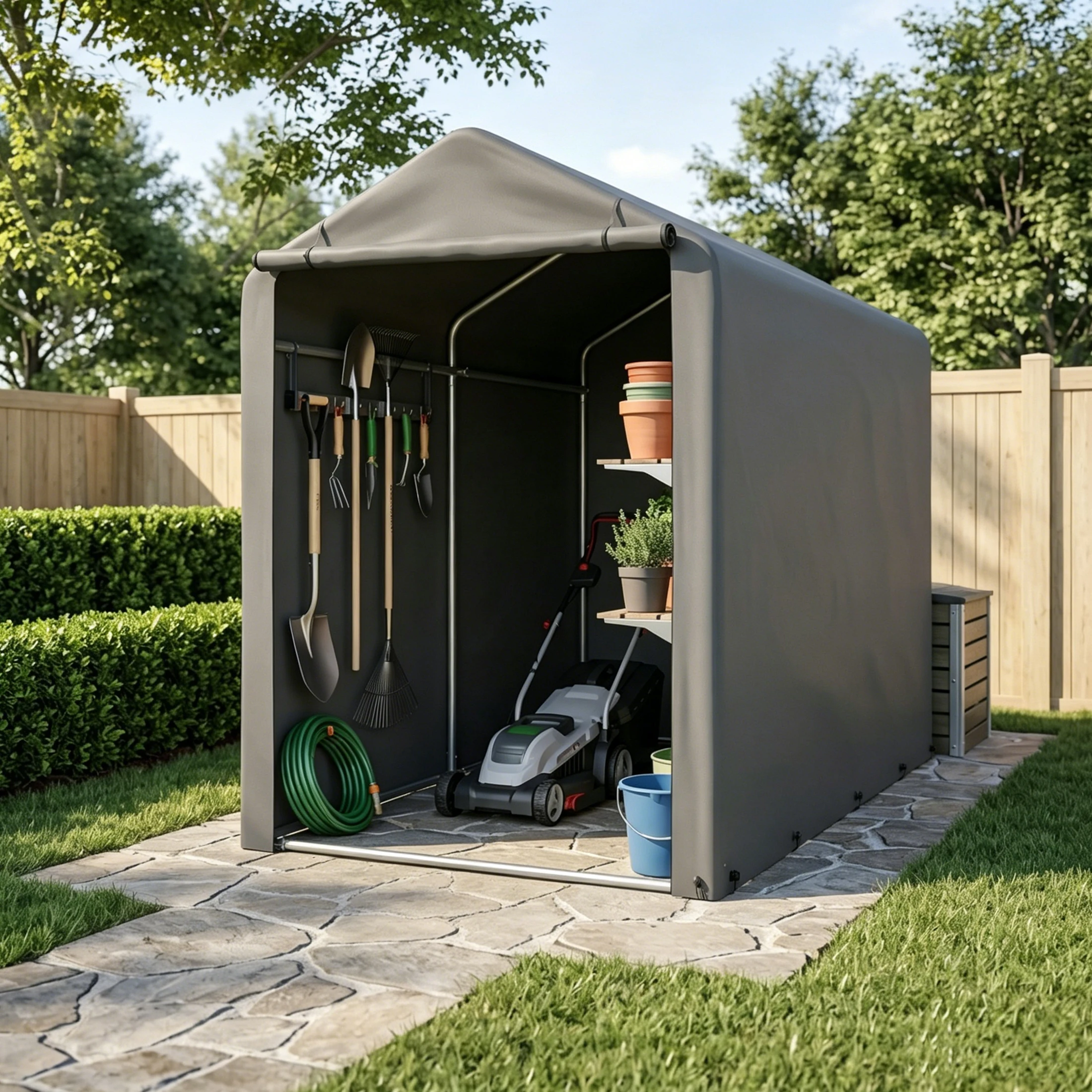 100×187×160cm Garagen-Carport, Lagerhalle für den Außenbereich mit stabilem Metallrahmen und aufrollbarer Reißverschlusstür, UV-beständig, wasserdicht, winddicht, tragbarer Schuppen.